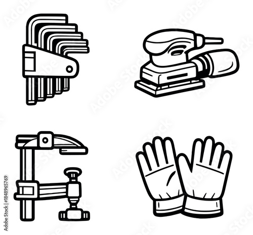 Set of black and white tools: hex keys, orbital sander, clamp, gloves