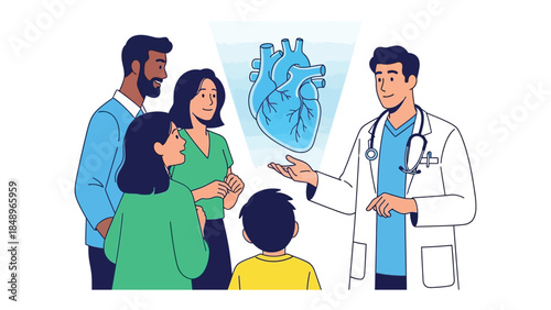 Healthcare Consultation: A doctor explains a detailed schematic illustration of the heart to a family. An experience that provides comfort in the information shared.