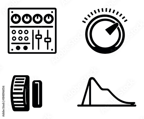 Audio control icons with equalizer, dial, knob, and waveform on gradient background