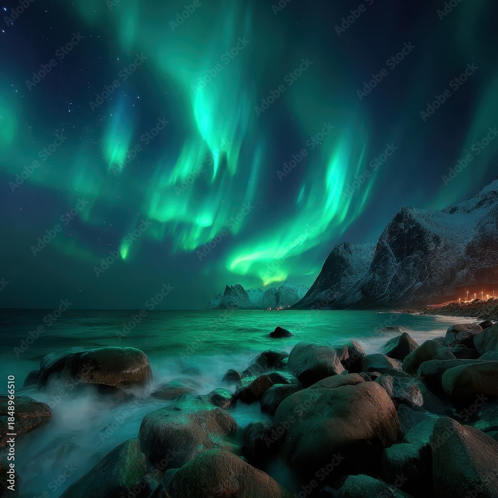 Naklejka premium Vibrant Aurora Borealis dancing over the ocean, a mesmerizing natural spectacle