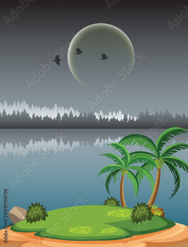 Tropical island with palm trees and green grass reflecting in water under foggy moonlit sky