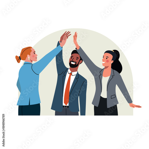 Successful business team giving high five, teamwork and achievement concept. Vector cartoon flat style illustration