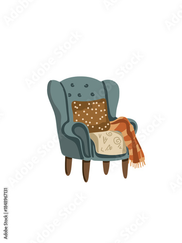 comfortable retro chair with cushion and throw