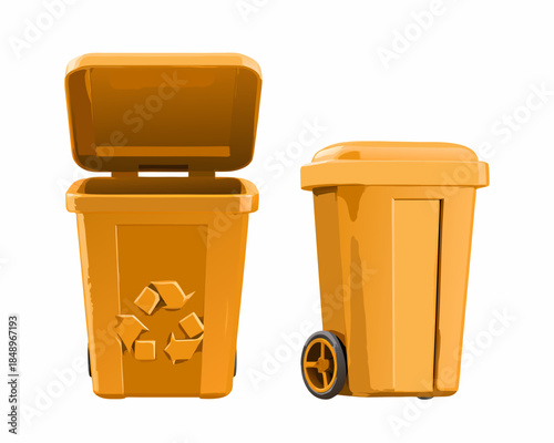 An illustration of two yellow trash cans one open and one closed