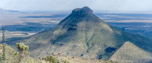 aerial of mountain with lava sill top on Karoo plains, mount Camdeboo National Park, South Africa