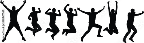 Energetic people silhouettes jumping together, celebration, success, freedom, teamwork, happiness, motion, youth, lifestyle, excitement, unity, cad drawing flat vector illustration