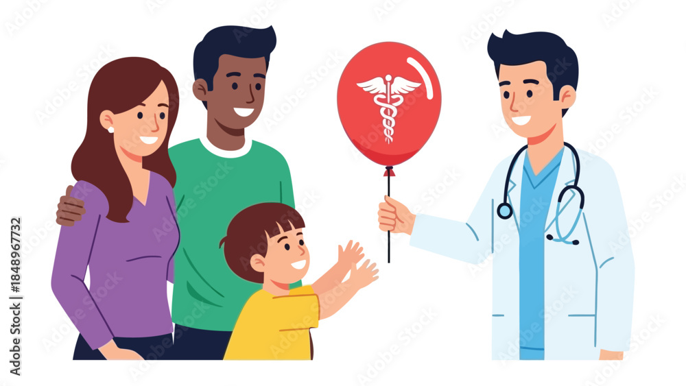 Fototapeta premium Healthcare's Caring Hand: A doctor extends a symbol of health, represented by a balloon, toward a happy family, representing access to care and reassurance.