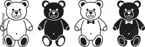 Cute teddy bear characters set in black and white flat vector illustration for kids, toys, stickers, and nursery design