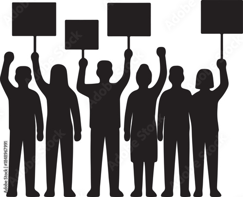 Protest crowd silhouette with raised fists and blank signs icon vector illustration