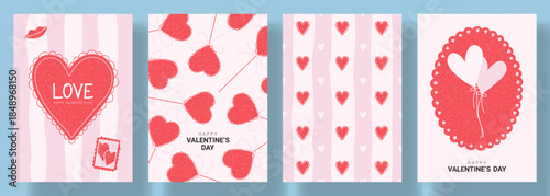 Trendy concept of Valentines Day cards. Vector illustration of hand drawn doodle style posters with hearts, lollipops, frames and typography design. Valentines Day templates for cover, branding, ads.