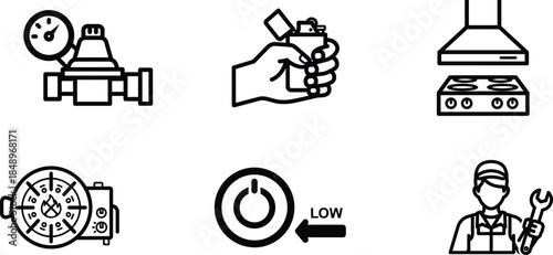 line icons of various industrial objects and tools on white background