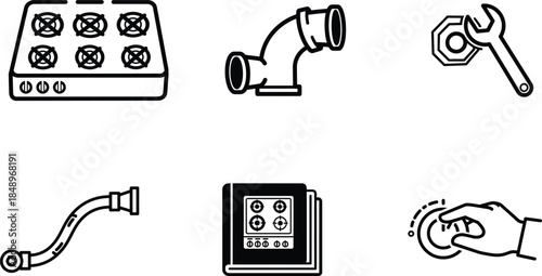set of black and white line icons for plumbing and tools