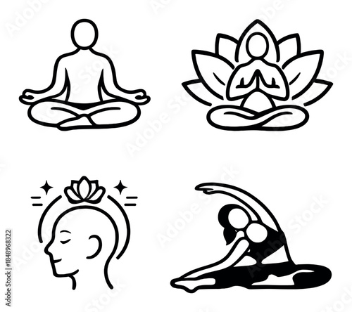 Minimalist yoga and meditation icons on gray background