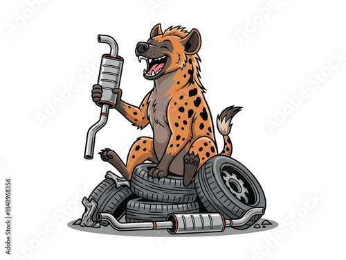 A cartoon hyena sits happily on a pile of car tires, holding a car exhaust pipe.