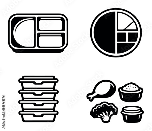 Icons of meal prep containers and food portions
