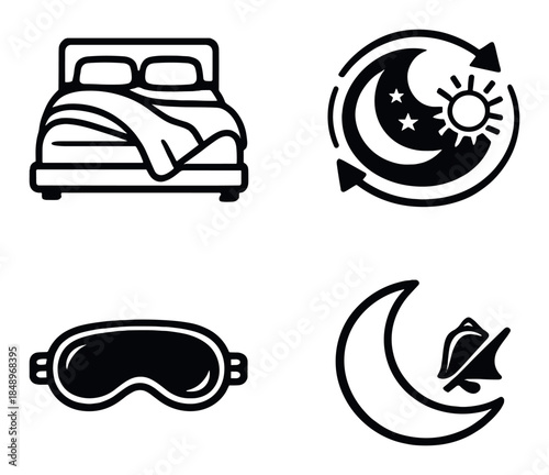 Sleep icons: bed, night cycle, eye mask, moon and stars