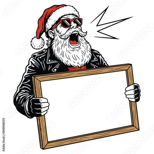 Rock and Roll Santa Christmas Character Holding Blank Sign