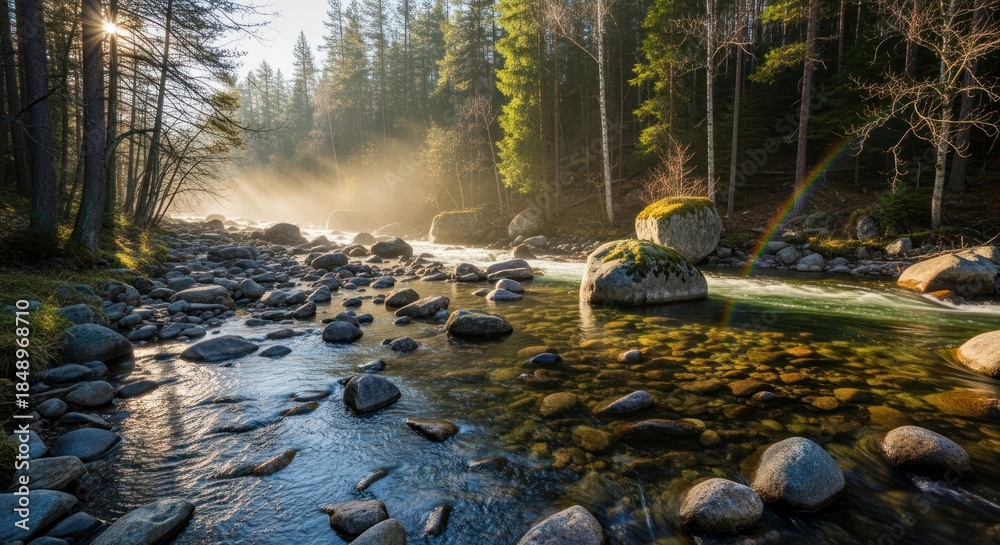 Fototapeta premium Misty forest river with sunbeams and a rainbow.