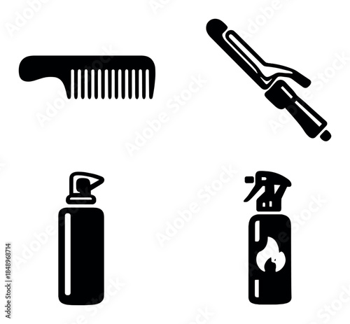 Silhouette of hair styling tools: comb, curling iron, spray bottles