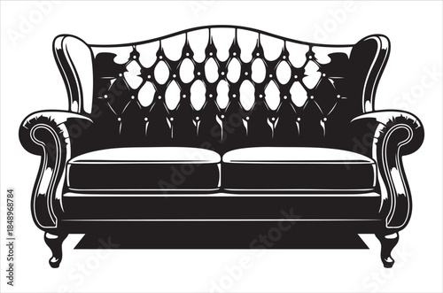 Elegant black and white illustration of a classic tufted sofa design