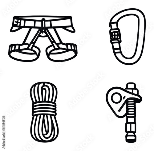 Climbing gear icons: harness, carabiner, rope, belay device on grey background