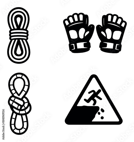 Climbing gear icons: rope, gloves, knot, warning sign