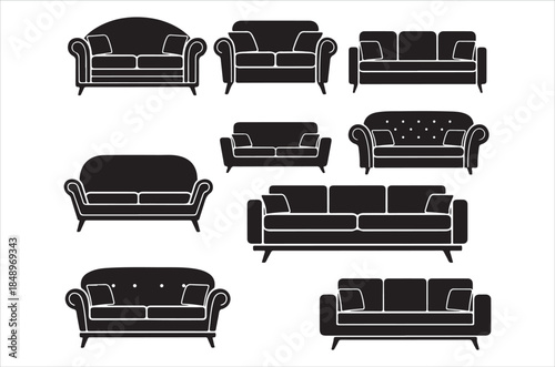Collection of modern sofa silhouettes in black and white isolated on white