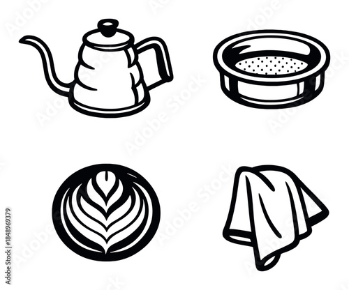 Minimalist coffee icons: kettle, portafilter, latte art, towel
