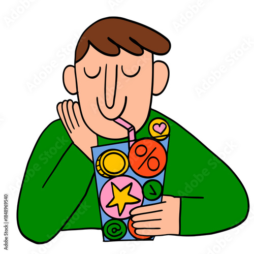 Customer sipping bonuses from cup, Loyalty rewards and cashback perks