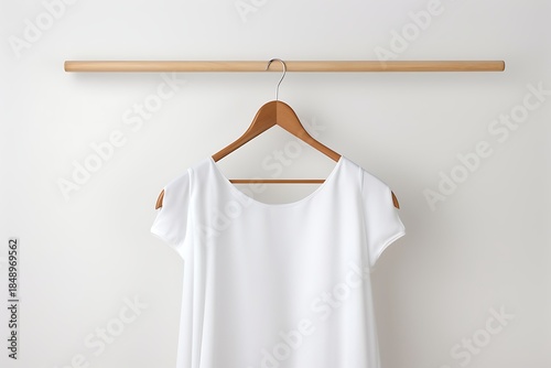Elegant white blouse hanging on wooden hanger against plain wall