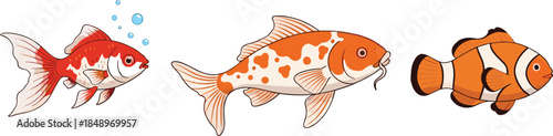 Fish illustration collection with goldfish koi carp and clownfish styles flat vector design isolated on white background for aquarium, kids, and aquatic projects
