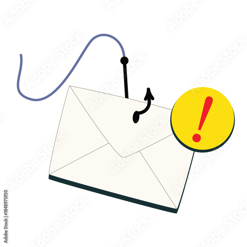 An envelope on a fishing hook with an exclamation mark indicating a notice - a scam letter concept. Vector illustration isolated on a white background