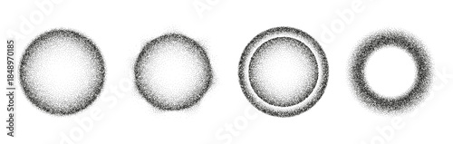 aSet of abstract dotted grainy gradient circles. Abstract elements with rough noisy sand dotted texture. Vector gritty patterns with black particle for banner, poster, cover design. Stipple effect.