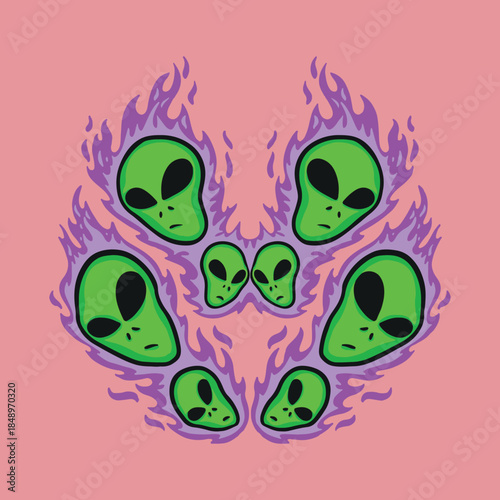 alien face green floating with fire purple design