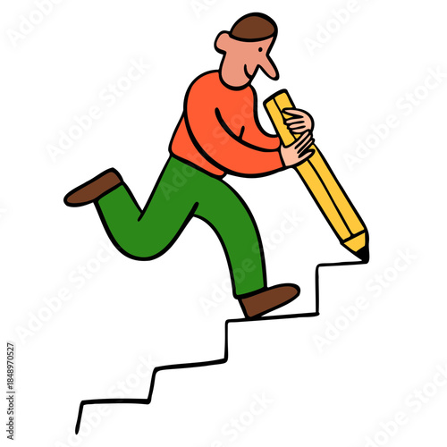 Person running up the stairs by drawing and creating their own path to successs