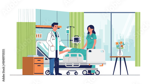 Medical Team in a Hospital Room: A dedicated medical team tending to a patient in a modern hospital room, signifying care and compassion, with advanced medical equipment and a comfortable setting.