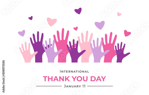 International Thank You Day banner template. January 11 background with hands and hearts. Vector illustration in flat style