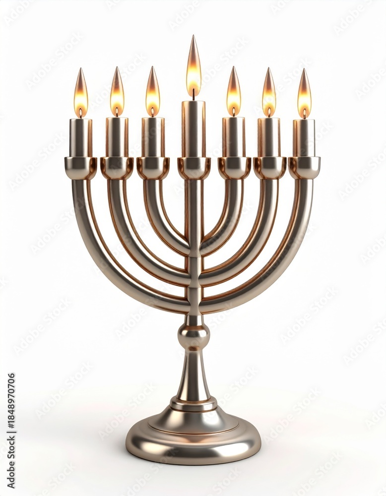 Fototapeta premium Menorah with Seven Lit Candles on White Background Celebration of Hanukkah