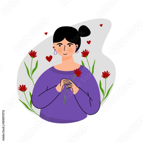 Self love girl illustration character. Love your self with flower woman illustration.