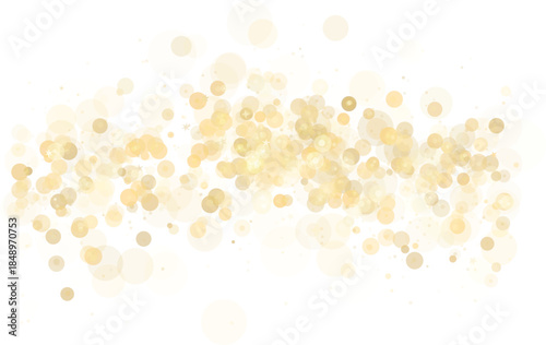 Soft gold bokeh confetti circle background with warm glitter lights and copy space on white