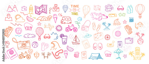 Colorful Travel Doodle Illustration Set on White Background with Time to Travel Text, Hand Drawn Vacation Icons, Tourism and Holiday Adventure Concept Vector