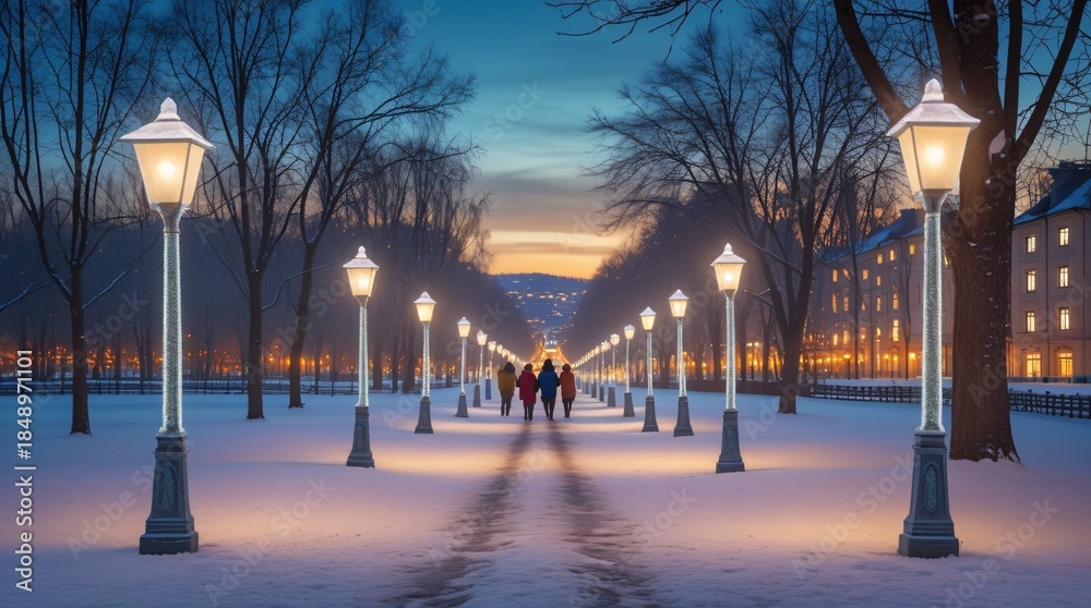 Fototapeta premium A charming path lined with frosted lampposts, leading through a peaceful, snow-covered park towards a distant