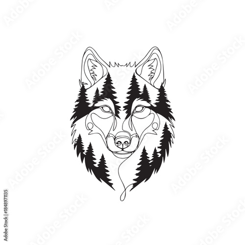  Wolf Head with Pine Forest Double Exposure - Minimalist Line Art Vector Illustration