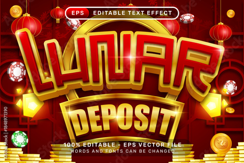 Lunar deposit 3d text effect and editable text effect with lanterns and Chinese ornaments