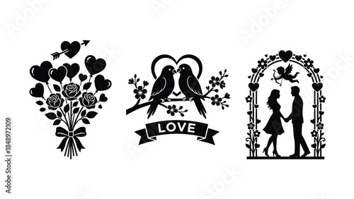 Black Silhouette Love Symbols with Hearts, Flowers, and Silhouetted Couple