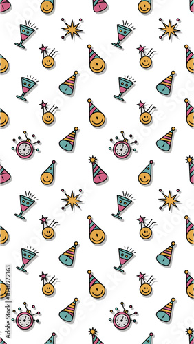 Festive Celebration Pattern: A vibrant pattern of celebratory elements, including champagne flutes, party hats, and playful bursts, creating a cheerful and joyful atmosphere.