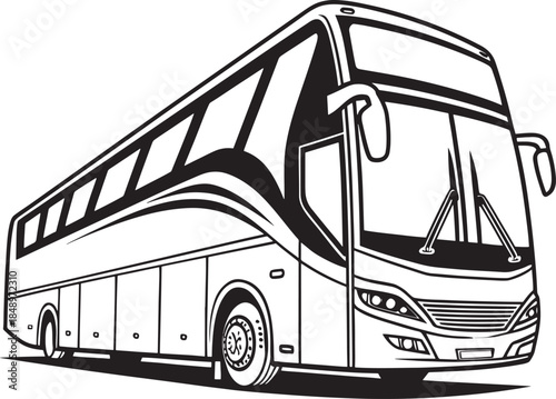 Black and white line drawing of a long distance coach bus with multiple windows long distance bus