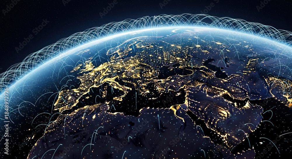 Obraz premium Global network connectivity illustration viewed from space at dusk showing Europe and Africa