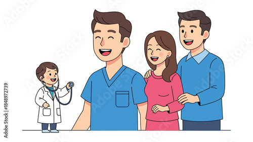 Health and Family: A heartwarming scene depicts a child doctor with a stethoscope, offering care to a happy family. Embracing concepts of care, well-being, and compassion.