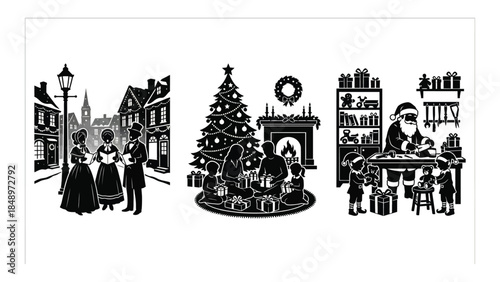 Christmas Scene with Tree, Gifts, and Santa Claus in City